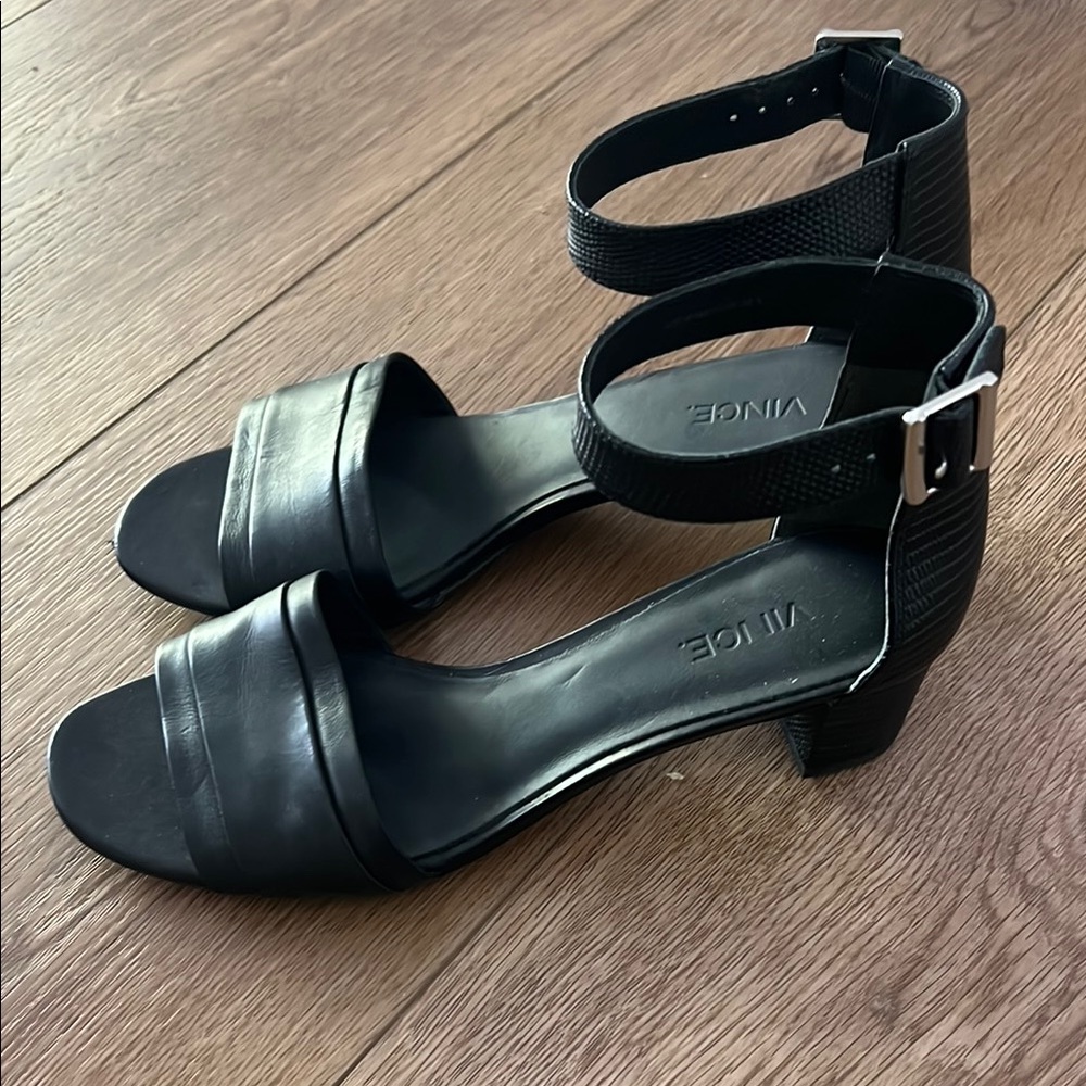 Vince Black Block Heel Ankle Strap Heels